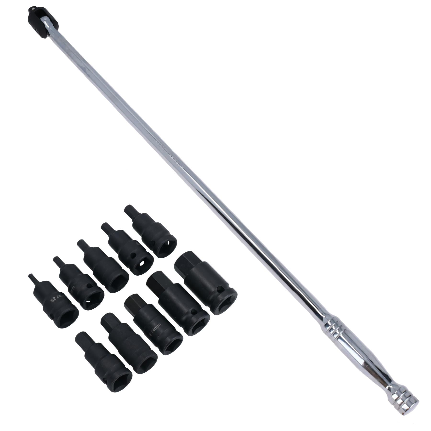 30" Breaker Power Bar &  10pc Impact Hex Bit Socket Set 1/2'' Drive 4 -19mm