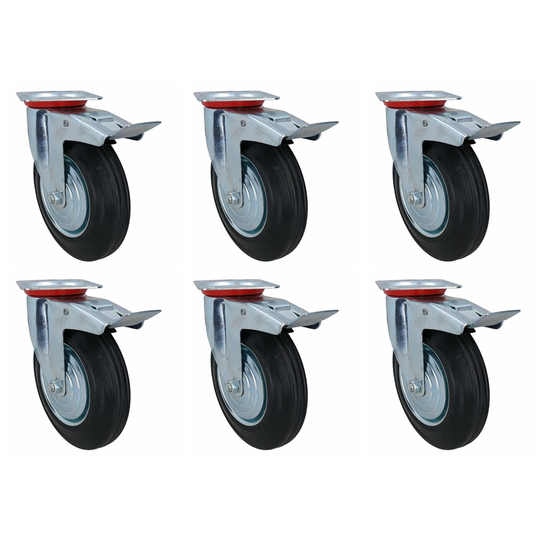 200mm (8in) HD Braked Castor Wheel Rubber Tyre For Trolleys Trucks Carts