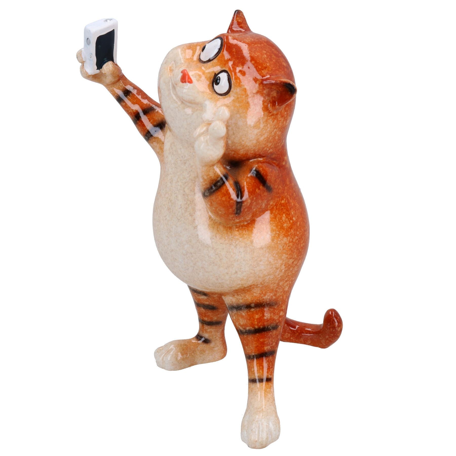 Ginger Fat Taking Cat Selfie Picture Ornament Statue Garden House Decor Resin