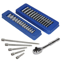 1/4" Drive Metric 6 Sided Sockets Shallow + Deep Extensions + Ratchet 32pc