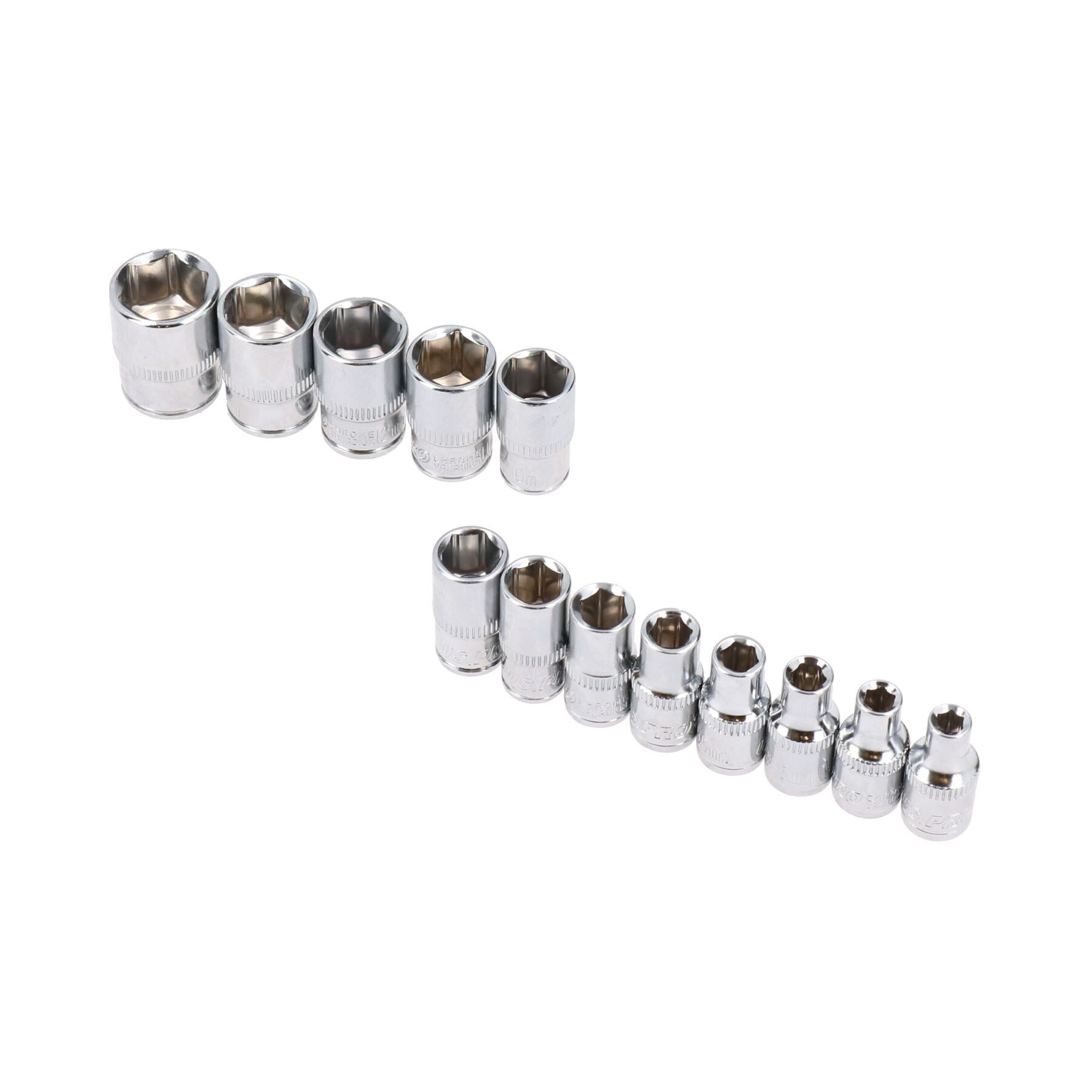 Metric 1/4in Drive Sockets 4 – 14mm + 10pc Spanners 4 – 11mm + 1/4in Ratchet