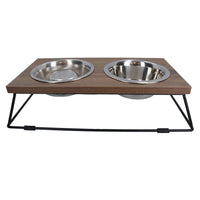 Dog Pet Puppy Slow Feeder Wooden Double Diner Raised Food Water Bowl
