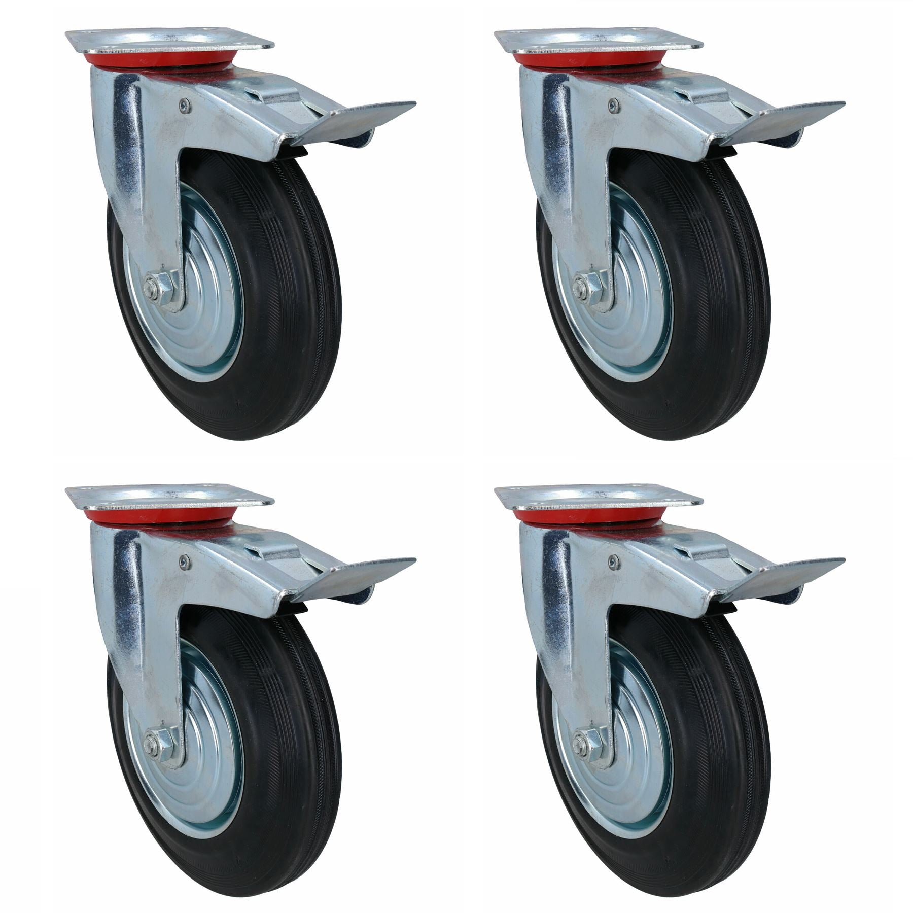 200mm (8in) HD Braked Castor Wheel Rubber Tyre For Trolleys Trucks Carts