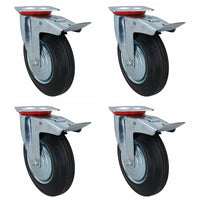 200mm (8in) HD Braked Castor Wheel Rubber Tyre For Trolleys Trucks Carts